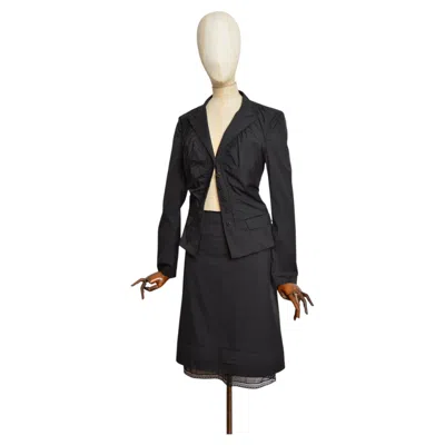 Pre-owned Miuccia Prada 2007 Prada Black Pleated Cotton Blazer Jacket And Midi Skirt Suit Set