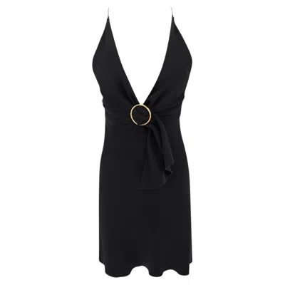 Pre-owned Miuccia Prada Early 2000s Prada Black Silk Gold Buckle Detail Mini Slip Dress It40