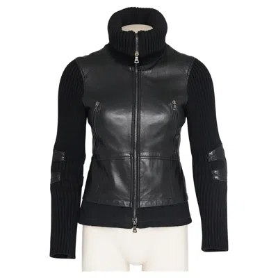 Pre-owned Miuccia Prada Early 2000s Prada Sport Black Leather & Wool Hybrid 2-way Zip Jacket It40