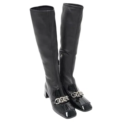 Pre-owned Miuccia Prada F/w 2015 Prada Black Napa Leather Embellished Sock Boots 37