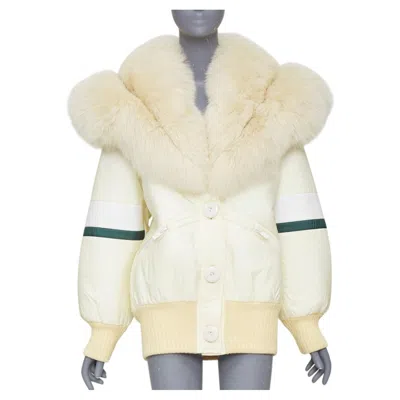 Pre-owned Miuccia Prada Miu Miu 2017 Runway Oversized Fur Collar Striped Down Puffer Bomber Jacket It36 In Beige