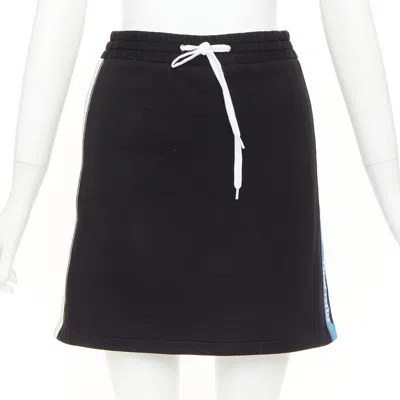 Pre-owned Miuccia Prada Miu Miu 2019 Black Cotton Jersey Blue Logo Sporty Stripe Drawstring Skirt Xs