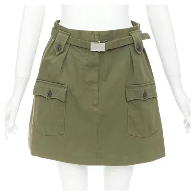 Pre-owned Miuccia Prada Miu Miu 2019 Green Cotton Gabardine Silver Logo Buckle Utility Skirt It38 Xs