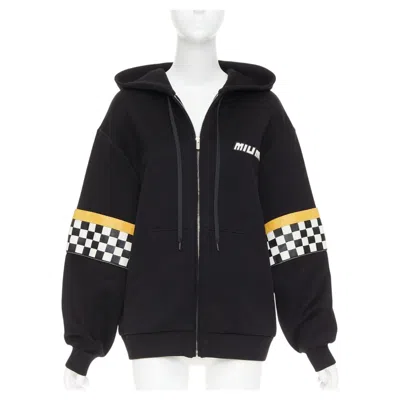 Pre-owned Miuccia Prada Miu Miu 2021 Cotton Checkerboard Woven Leather Sleeves Race Car Zip Hoodie S In Black