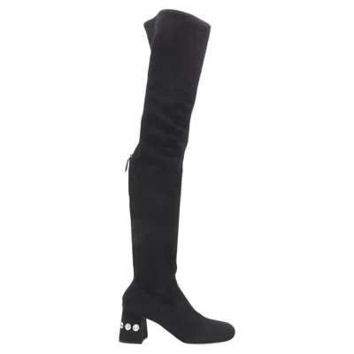 Pre-owned Miuccia Prada Miu Miu Black Suede Jewelled Crystal Heel Pull On Over Knee Boot Eu37