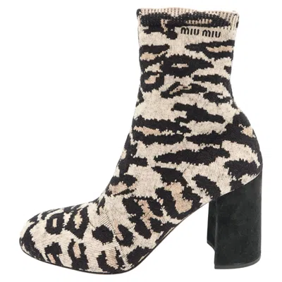 Pre-owned Miuccia Prada Miu Miu Contemporary Leopard Print Jacquard Knit Ankle Boots, It 37 In Black