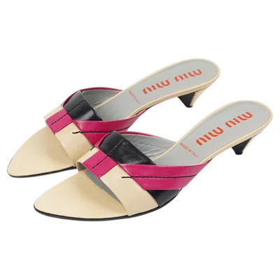 Pre-owned Miuccia Prada Miu Miu S/s 2001 Colorblock Leather Kitten Heel Mules, Size It 39, Made In Italy In Sand