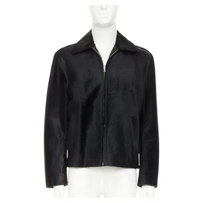 Pre-owned Miuccia Prada Prada 1990s Vintage Horsehair Leather Pocketed Zip Up Boxy Minimal Jacket It48 M In Black