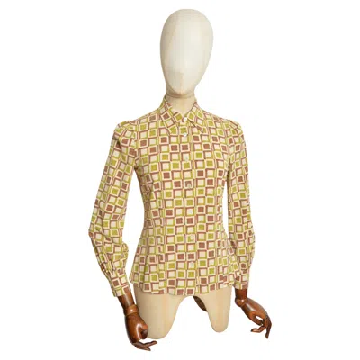 Pre-owned Miuccia Prada Prada 2002 Ugly Chic Lime Green Brown Geometric Pattern Long Sleeve Fitted Shirt