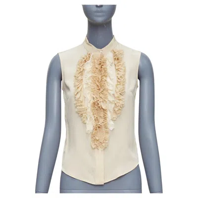 Pre-owned Miuccia Prada Prada 2006 Vintage 100% Silk Ruffle Front High Collar Sleeveless Shirt It38 Xs In Gray