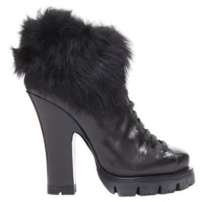 Pre-owned Miuccia Prada Prada 2011 Calzature Donna Black Leather Fur Trim Half Wedged Ankle Boots Eu