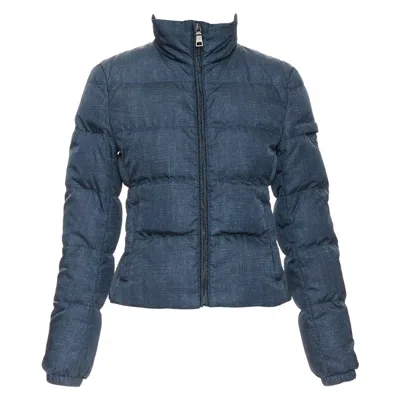 Pre-owned Miuccia Prada Prada 2011 Navy Denim Fabric Print Triangle Logo Cropped Puffer Jacket It38 Xs In Blue