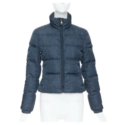 Pre-owned Miuccia Prada Prada 2011 Navy Denim Fabric Print Triangle Logo Cropped Puffer Jacket It38 Xs In Blue