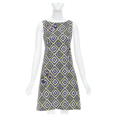 Pre-owned Miuccia Prada Prada 2012 Runway Green Purple Resin Applique Mod Mini Dress It38 Xs