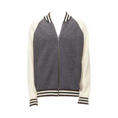 Pre-owned Miuccia Prada Prada 2014 100% Wool Knit Cream Grey Raglan Varsity Bomber Jacket It50 L In White