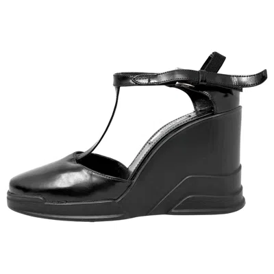 Pre-owned Miuccia Prada Prada 2014 Runway Black Leather T-strap Wedge Heels Women 37.5 Eu