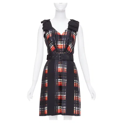 Pre-owned Miuccia Prada Prada 2015 Runway Vampire Black Red Wool Silk Bow Shoulder Belted Dress It38 Xs