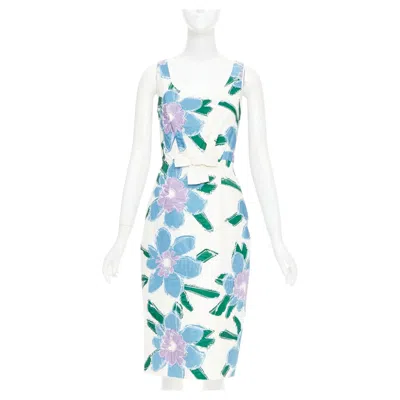 Pre-owned Miuccia Prada Prada 2016 Cream Blue Green Silk Overstitch Patchwork Floral Bow Dress It38 Xs In White