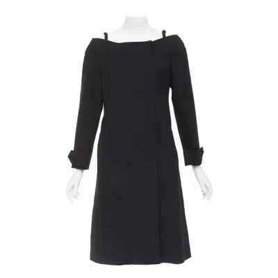 Pre-owned Miuccia Prada Prada 2017 Black Virgin Wool Off Shoulder Minimalist Coat Dress It40 S