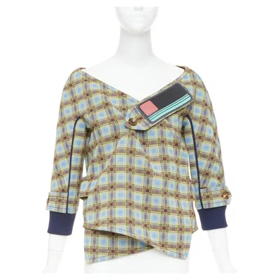Pre-owned Miuccia Prada Prada 2017 Runway Blue Green Check Patch Drape Collar Jacket It38 Xs