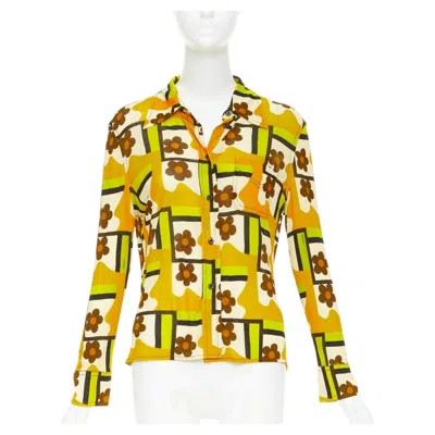Pre-owned Miuccia Prada Prada 2017 Runway Green Orange Mod Graphic Floral Print Viscose Shirt It40 S