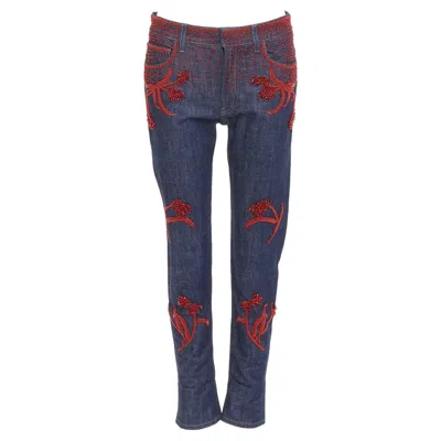 Pre-owned Miuccia Prada Prada 2017 Runway Red Beaded Floral Embellishment Straight Leg Cropped Jeans 25"