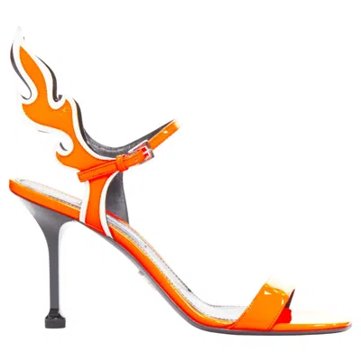 Pre-owned Miuccia Prada Prada 2018 Flame Bright Orange Patent Fire Mid Heel Sandal Eu36.5 In Red