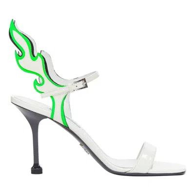 Pre-owned Miuccia Prada Prada 2018 Hot Flame Acid Fire White Green Patent Leather Mid Heel Sandal Eu36