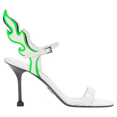 Pre-owned Miuccia Prada Prada 2018 Hot Flame Acid Fire White Green Patent Leather Mid Heel Sandal Eu37