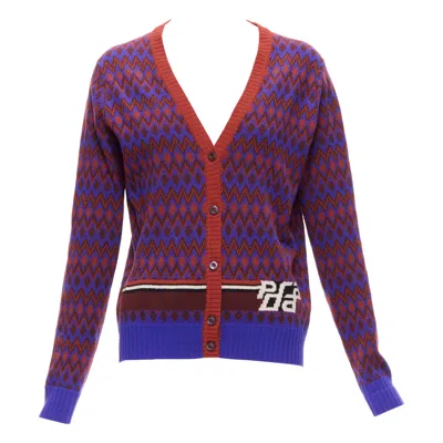 Pre-owned Miuccia Prada Prada 2018 Purple Wool Cashmere Racing Logo Chevron Intarsia Cardigan It38 Xs