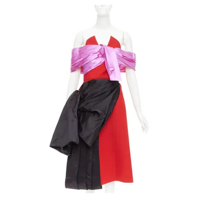 Pre-owned Miuccia Prada Prada 2018 Red Pink Black Virgin Wool Satin Sash Bustier Dress It38 Xs
