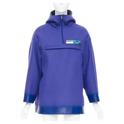 Pre-owned Miuccia Prada Prada 2018 Runway Blue Virgin Wool Lacqured Hem Popover Hoodie It42 M