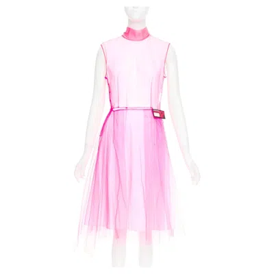 Pre-owned Miuccia Prada Prada 2018 Runway Neon Technical Tulle Abito Pink Rubber Logo Dress It38 Xs