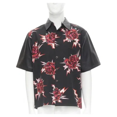 Pre-owned Miuccia Prada Prada 2019 Black Red Rose Bolt Cotton Leather Boxy Bowling Shirt Eu48 M