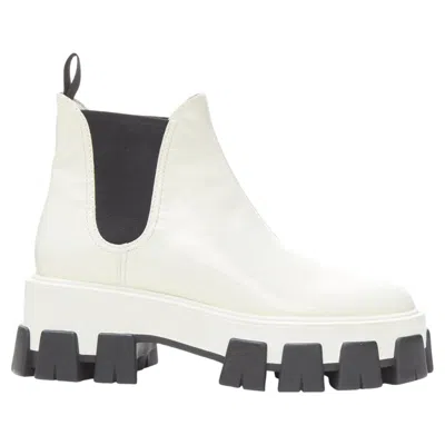 Pre-owned Miuccia Prada Prada 2019 Monolith White Patent Lug Sole Platform Ankle Boot Eu36