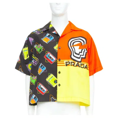 Pre-owned Miuccia Prada Prada 2020 Double Match Orange Cassette Print Cotton Short Sleeve Bowling Shirt