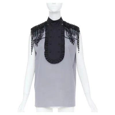 Pre-owned Miuccia Prada Prada 2020 Runway Beaded Fringe Cotton Poplin Bib Front Sleeveless Shirt It38 Xs In Gray