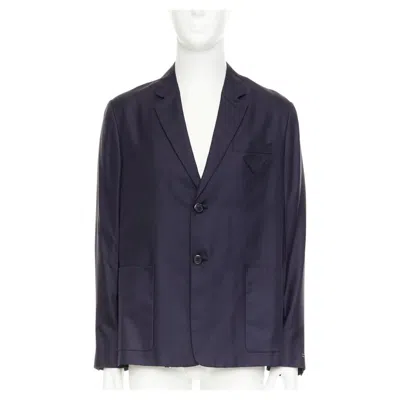 Pre-owned Miuccia Prada Prada 2021 100% Silk Tonal Triangle Patch Single Breasted Relaxed Blazer It48 M In Black