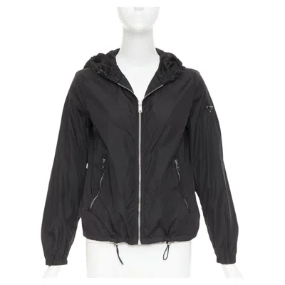 Pre-owned Miuccia Prada Prada 2021 Re Nylon Silver Triangle Logo Plague Zip Up Hooded Windbreaker It38 In Black