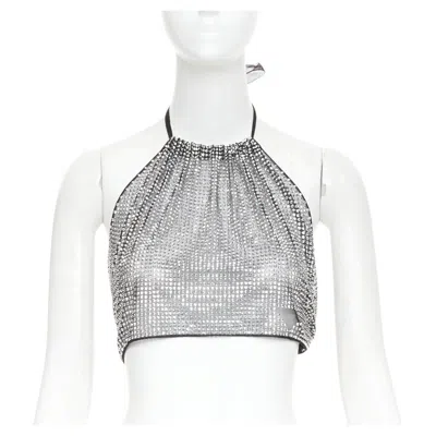 Pre-owned Miuccia Prada Prada 2021 Silver Crystal Rhinestone Mesh Halter Neck Crop Top It36 Xxs