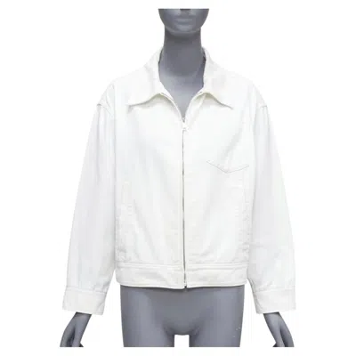 Pre-owned Miuccia Prada Prada 2021 White Denim 3d Logo Back Pocketed Cropped Zip Up Jacket M