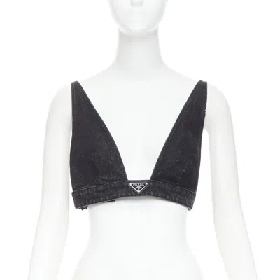 Pre-owned Miuccia Prada Prada 2022 Dark Grey Denim Black Triangle Logo Plaque Bralette Crop Top It42 M In Gray