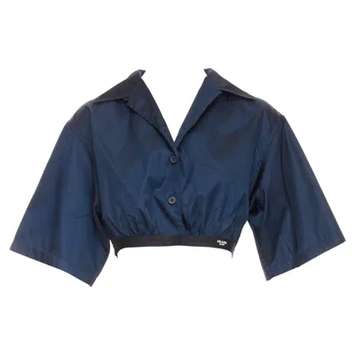 Pre-owned Miuccia Prada Prada 2022 Re-nylon Navy Blue White Logo Cropped Boxy Shirt It38 Xs