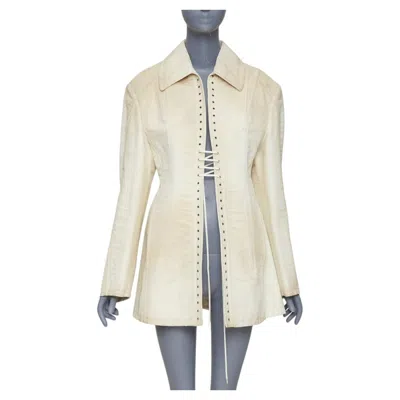 Pre-owned Miuccia Prada Prada 2022 Runway Slub Beige Wash Effect Canvas Lace Up Corset Jacket It36 Xxs In Brown