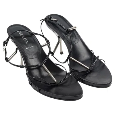 Pre-owned Miuccia Prada Prada Black Strappy Leather Kitten Heel Sandals With Logo Hardware, Eu 37.5