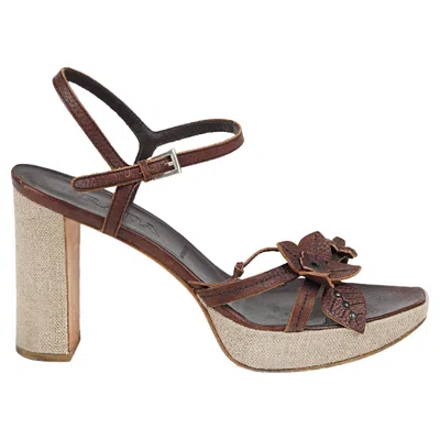 Pre-owned Miuccia Prada Prada Brown Leather Floral Sandals With Linen Platform Heel, Early 2000s Size 39