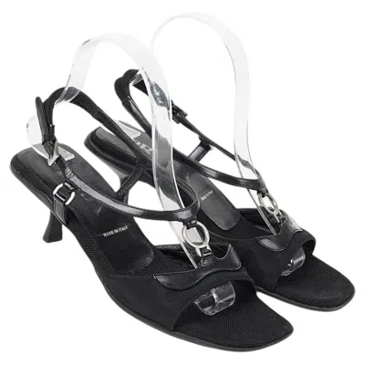 Pre-owned Miuccia Prada Prada Early 2000s Black Mesh, Nylon & Leather Slingback Heels Size 37