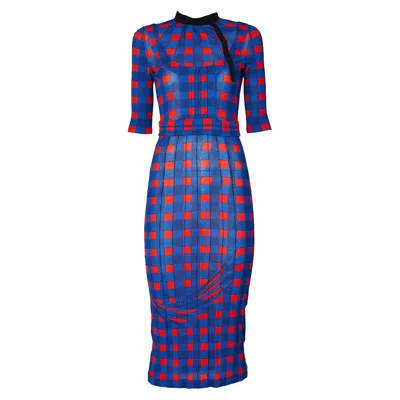 Pre-owned Miuccia Prada Prada Fairy Collection Runway Checked Stretch-jersey Midi Dress, Ss2008 In Blue