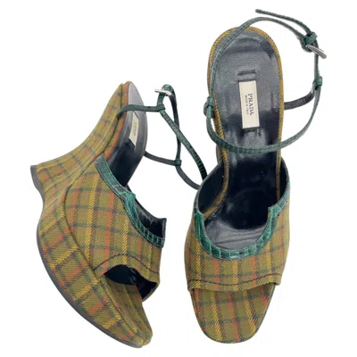 Pre-owned Miuccia Prada Prada Fall 2004 Runway Green Plaid Croc Trim Sculptural Wedge Sandals It 39.5