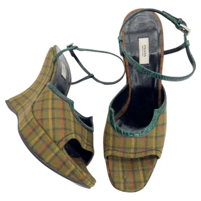Pre-owned Miuccia Prada Prada Fall 2004 Runway Green Plaid Croc Trim Sculptural Wedge Sandals It 39.5